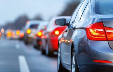 Naklejka premium A high angle view captures rush hour traffic in a busy city, highlighting the challenges of congestion and the need for innovative transport solutions