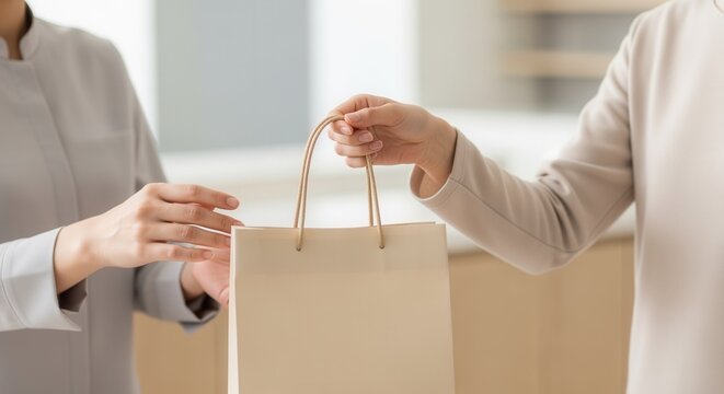 A retail assistant hands a shopping bag to a customer after a purchase. Close-up on a transaction in a luxury boutique or spa. Excellent customer service concept