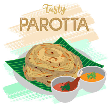 Three south Indian famous parottas with side dishes kept in a banana leaf illustration with text tasty parotta