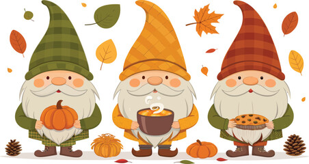Fototapeta premium Cute autumn gnomes with festive fall elements isolated on transparent background