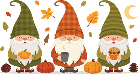Adorable autumn gnomes with festive fall elements isolated on transparent background
