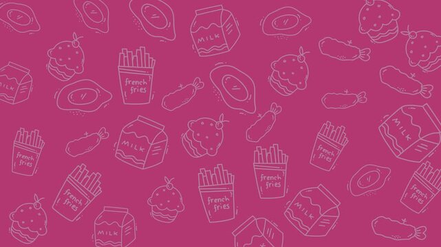 Food doodle seamless pattern with handdrawn illustrations of milk and french fries. Perfect for menu designs and packaging.