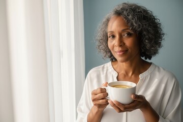 Mature African American woman smiling while drinking tea at home. Portrait of a senior person relaxing by a window. Wellness, menopause and self-care concept with copy space