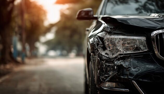 Accident On The Road Causes Damage To Front Of Black Car - Front Of Vehicle Sustains Damage In Collision On Roadway.
