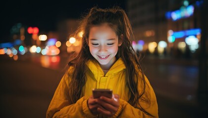 Happy Caucasian Asian Teenage Girl Scrolls Social Media On Mobile Phone In Neon City, Smiling Schoolgirl Using Internet Apps At Night.