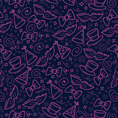 Seamless pattern with New year doodles. Winter holidays, New year party elements. Vector pattern, hand drawn, outline.