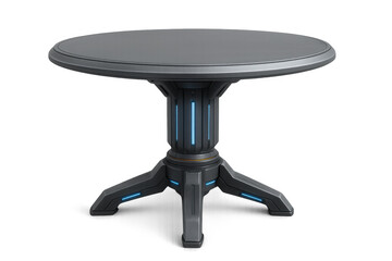 Circular furniture featuring contemporary pedestal design, glowing energetic lines, high-tech aesthetic, isolated