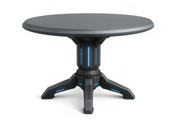 Circular furniture featuring contemporary pedestal design, glowing energetic lines, high-tech aesthetic, isolated