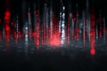 Abstract digital matrix with red and white binary code flashes in a dark space.