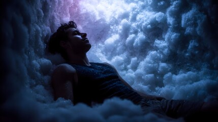 Man peacefully resting in a surreal soft glowing environment of white foam illuminated by vibrant colors