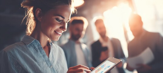 Young Woman Adjusting Financial Chart on Tablet in Collaborative Business Setting