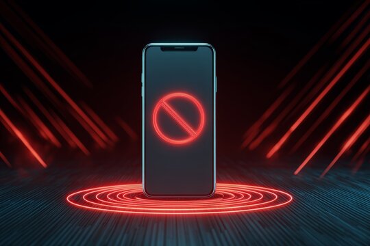 Smartphone with no entry symbol and glowing red lines on black background. - Powered by Adobe