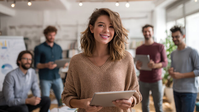 Young Woman Leading Finance Meeting in Modern Coworking Space