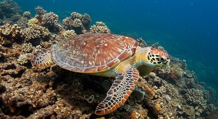 Hawksbill Sea Turtle Swimming Over Coral Reef in Tropical Ocean Waters