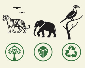 Wildlife conservation featuring tiger, elephant, bird, tree, shield, and recycle
