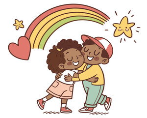 Two children hugging under a rainbow with stars