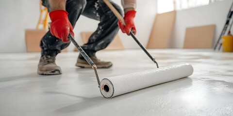 Worker primes concrete floor using a roller for tiling.