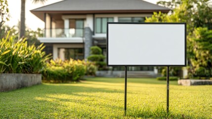 Blank white real estate yard sign lawn house for sale advertising mockup