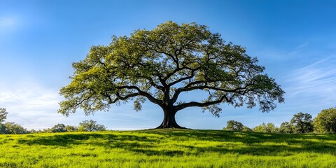 Fototapeta premium Single large oak tree against a backdrop of blue sky and green grass.