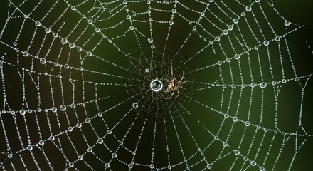 Obraz premium Macro Dew Drops on Spiderweb in Forest