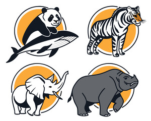 illustration of panda, tiger, elephant, and rhino