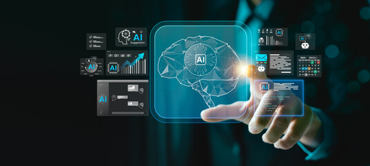 AI agent data tools for business analytics and intelligent automation, showing digital brain hologram interface with futuristic technology for smart decision making, deep learning, data-driven