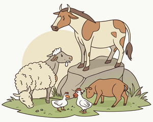 Farm animals on a grassy hill illustration