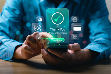 Businessman using smartphone for online payment confirmation with digital banking app interface showing Payment Successful message, fintech innovation, secure transaction, mobile financial technology