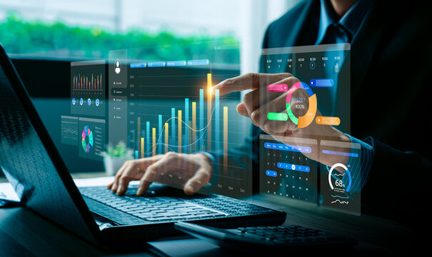 Financial data visualization with digital charts and analytics dashboard, showing business growth, performance metrics, and innovation, representing financial analysis, big data, business intelligence
