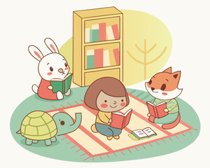 Cute animals reading books in a bright room