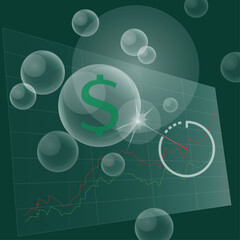 Economic bubble burst concept, featuring a sewing needle as a self-timer clock hand pricking dollar bubbles over stock charts, symbolizing imminent market crash and financial collapse.