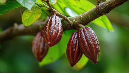 Hand-Drawn Cocoa Pattern: Organic Healthy Food With Cocoa Beans Print. Ideal For Use On Fabric. Featuring Cacao Branch With Fruits, Leaves, And Seeds. Cocoa Superfood.