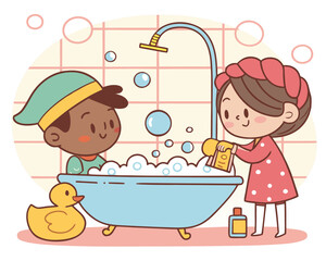 Children taking a bubble bath with rubber duck