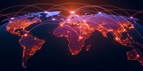 Global Digital Network with Interconnected Nodes Over World Map,global network over planet earth. World connection