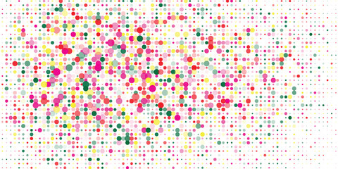 Abstract vector background made of colorful overlapping dots in pink, red, yellow, and green tones, creating a lively and playful dotted pattern on a white surface.