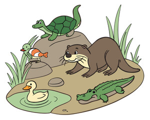 Naklejka premium Cartoon illustration of various animals in a natural habitat