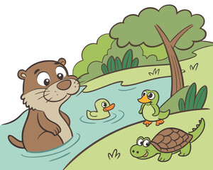 Cartoon illustration of an otter, ducks, and a turtle near a riverbank