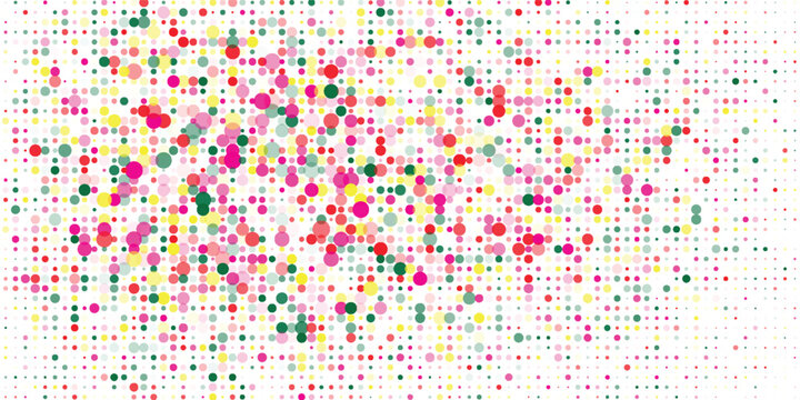 Abstract vector background made of colorful overlapping dots in pink, red, yellow, and green tones, creating a lively and playful dotted pattern on a white surface.