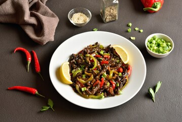 Fried shredded beef steak in spicy, savoury, sweet chilli sauce