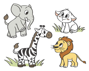 Cartoon animals, featuring elephant, giraffe, and lion