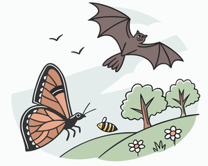 Bat, butterfly, and bee illustration in nature with trees and flowers