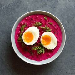 Cold summer beet soup with cucumbers, dill and egg