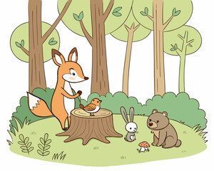 A fox, bird, rabbit, and bear gather in a whimsical forest scene