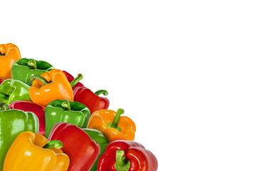 Corner of colorful red, gren and yellow bell peppers isolated on transparent background. Fresh vegetable with green stem, perfect for healthy food, cooking, and vegetarian design concepts.