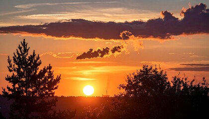 Colorful sunset with bright sun, clouds, and trees silhouetted