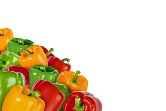 Corner of colorful red, gren and yellow bell peppers isolated on transparent background. Fresh vegetable with green stem, perfect for healthy food, cooking, and vegetarian design concepts.