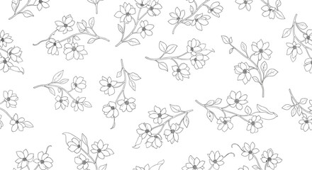 Fototapeta premium A delicate black and white floral pattern with scattered botanical elements.