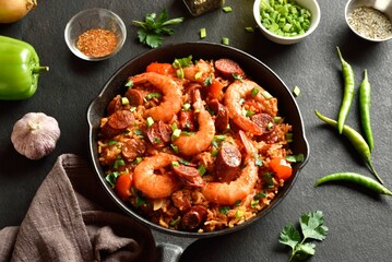 Creole style jambalaya with prawn, smoked sausages and vegetable