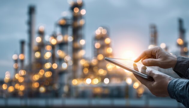 Hands Holding Tablet On Blurred Chemical Plant Refinery Industrial Equipment As Smart Industry 4.0 Management Control System.