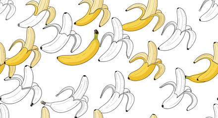 A fun pattern of yellow bananas and sketches of bananas.